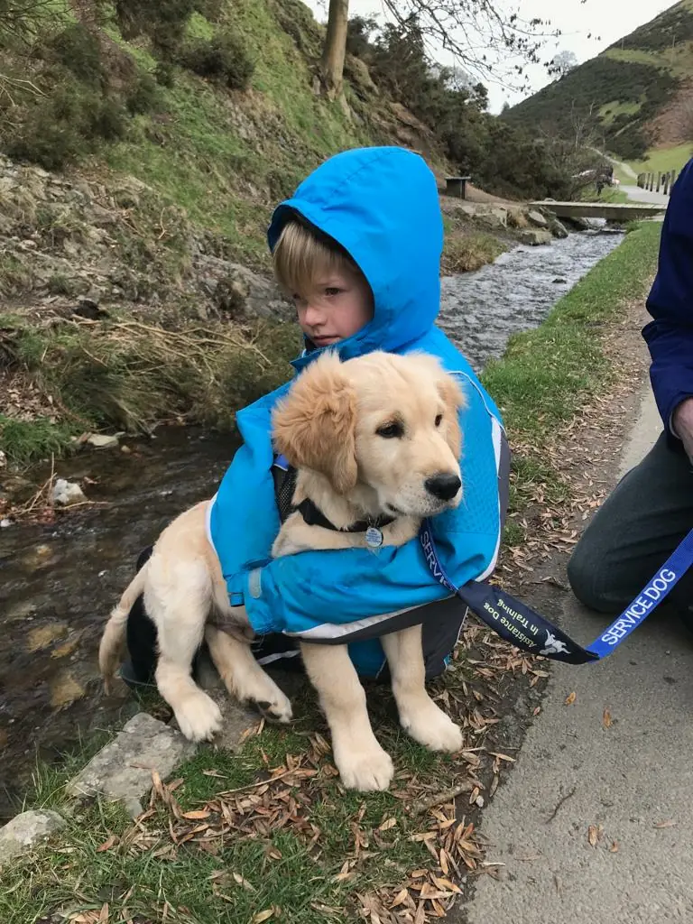 a child wearing a blue coat and a dog
